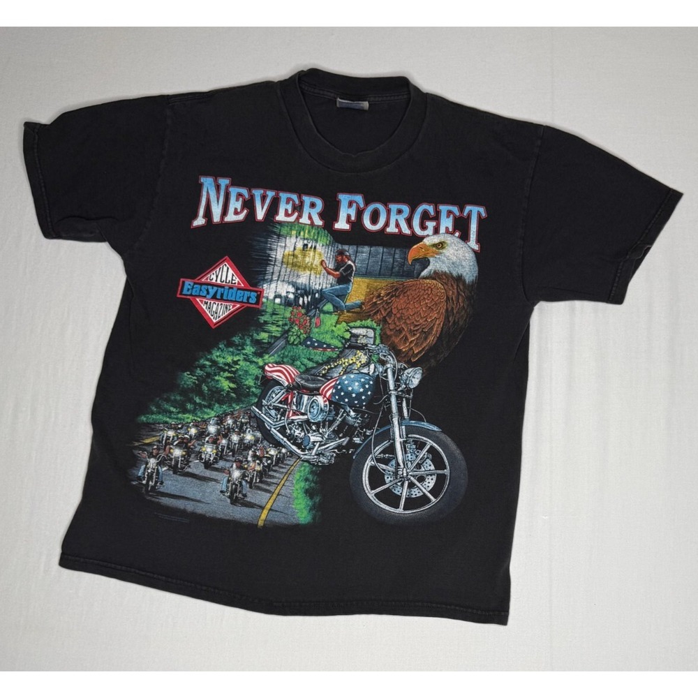 EASYRIDERS T Shirt Mens Large Never Forget‎ Black Harley Biker 90s Vintage Tee